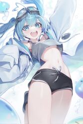 1girl ahoge arahashi_tabi arm_up bare_shoulders black_shorts blue_eyes blue_hair camisole crop_top crop_top_overhang dolphin_shorts drawstring goggles goggles_on_head grey_shirt heart heart_ahoge highres jacket leg_up long_hair looking_at_viewer midriff navel ness_(pjw0168) off_shoulder open_mouth pungdangi_(arahashi_tabi) shirt short_shorts shorts sleeveless sleeveless_shirt sleeves_past_fingers sleeves_past_wrists smile solo spaghetti_strap stellive stomach thighs twintails virtual_youtuber white_jacket