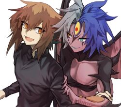 1boy 1other aqua_eyes aqua_lips arm_spikes black_shirt blue_eyes breasts brown_eyes brown_hair cleavage cleavage_cutout closed_mouth clothing_cutout collared_shirt colored_skin demon_wings dyyueul grey_hair hair_between_eyes hand_on_another&#039;s_arm heterochromia lipstick long_sleeves looking_at_another low_neckline makeup multicolored_hair open_mouth orange_eyes other_with_male pink_skin pink_wings ribs shirt short_hair_with_long_locks shoulder_spikes simple_background skinny smile spikes third_eye tsurime turtleneck turtleneck_shirt two-tone_hair upper_body white_background wings yu-gi-oh! yu-gi-oh!_gx yubel yuki_judai