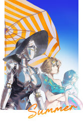 37_(reverse:1999) 3girls :d absurdres bare_arms beach_umbrella black_hat black_one-piece_swimsuit blue_eyes blue_hair blue_sky blue_tube_top border breasts brown_hair clothed_robot crossed_arms day english_text eyewear_on_head faceless facing_up glint green_eyes hair_bun hat highres holding holding_swim_ring humanoid_robot innertube joints kakania_(reverse:1999) large_breasts looking_up lucy_(reverse:1999) metal_hair metal_skin multiple_girls navel one-piece_swimsuit open_mouth orange_umbrella plunging_neckline purple_innertube quanx70909457 reverse:1999 robot robot_girl robot_joints shirt short_hair short_sleeves single_bare_shoulder sky smile star-shaped_eyewear star_(symbol) strapless striped_umbrella sun_hat sunglasses swim_ring swimsuit tinted_eyewear tube_top umbrella upper_body white_border white_shirt yellow-tinted_eyewear