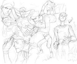 1boy arms_behind_head bad_id bad_pixiv_id dog_tags greyscale hat kotteri lying male_focus monochrome on_back profile scout_(tf2) signature sketch solo team_fortress_2 white_background