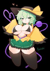 1girl absurdres bikini black_bikini black_hat blouse bow breasts buttons cocokana diamond_button eyeball frilled_shirt_collar frilled_sleeves frills green_hair green_skirt hat hat_bow hat_ribbon heart heart-shaped_pupils heart_of_string highres komeiji_koishi large_breasts ribbon shirt skirt solo swimsuit symbol-shaped_pupils third_eye touhou yellow_bow yellow_ribbon yellow_shirt