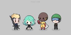 1girl 3boys artist_name bald bare_legs blonde_hair blue_jacket cape chibi clenched_teeth closed_mouth crossed_arms cyborg doomfist_(overwatch) formal_clothes gauntlets genji_(overwatch) genos genos_genji green_hair hand_on_own_hip helmet jacket kiriko_(overwatch) looking_at_viewer multiple_boys mumen_rider mumen_rider_soldier:_76 no_mouth official_alternate_costume one-punch_man overwatch overwatch_2 pocketchan saitama_(one-punch_man) saitama_doomfist sheath sheathed short_hair simple_background sleeveless sleeveless_jacket soldier:_76_(overwatch) standing suit sword tatsumaki teeth terrible_tornado_kiriko v-shaped_eyebrows weapon white_cape yellow_suit
