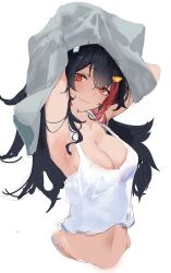 1girl absurdres alternate_costume armpits arms_up asymmetrical_hair black_hair blush breasts cleavage closed_mouth commentary cowboy_shot cropped_torso grey_sweater hair_ornament highres hololive long_hair looking_at_viewer medium_breasts menomeno_draw midriff multicolored_hair navel ookami_mio orange_eyes red_hair simple_background single_sidelock sketch smile solo standing streaked_hair sweater tank_top two-tone_hair undressing virtual_youtuber white_background white_tank_top
