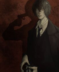 1boy bandage_over_one_eye black_coat black_necktie black_vest brown_eyes brown_hair bungou_stray_dogs coat collared_shirt dazai_osamu_(bungou_stray_dogs) different_shadow double-parted_bangs gun gun_to_head hair_between_eyes handgun highres holding holding_gun holding_weapon male_focus necktie open_mouth red_background shirt solo sonaireeart teeth upper_body upper_teeth_only vest weapon white_shirt