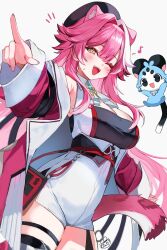 Rule 34 | 1girl, ;d, animal ear fluff, animal ears, ascot, black gloves, breasts, chattino (raora panthera), commentary, english commentary, garter straps, gloves, high-waist shorts, highres, hololive, hololive english, large breasts, long hair, multicolored hair, one eye closed, open mouth, panther ears, panther girl, panther tail, partially fingerless gloves, pink hair, pointing, pointing forward, raora panthera, raora panthera (1st costume), raora panthera (artist), self-portrait, shorts, sidelocks, simple background, single glove, smile, solo, streaked hair, tail, thigh strap, thighhighs, vest, virtual youtuber, white ascot, white background, white hair, white shorts, white thighhighs, white vest, yellow eyes