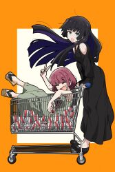 2girls :d absurdres alcohol alcohol_carton aqua_eyes black_bow black_dress black_footwear black_hair black_nails bocchi_the_rock! bow braid carton closed_eyes colored_inner_hair dress fang full_body geta goumonsha green_dress hair_bow highres hime_cut hiroi_kikuri in_shopping_cart long_hair multicolored_hair multiple_girls open_mouth pa-san purple_hair sake shopping_cart single_braid skin_fang smile two-tone_background two-tone_hair v white_background yellow_background