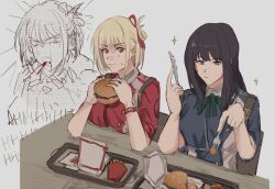 2girls absurdres black_hair blonde_hair blood blood_from_mouth blue_dress burger commentary dress eating english_commentary food fork french_fries green_ribbon hair_ribbon highres holding holding_burger holding_food holding_fork holding_knife inoue_takina knife long_hair lycoris_recoil lycoris_uniform multiple_girls neck_ribbon nishikigi_chisato purple_eyes red_dress red_eyes red_ribbon ribbon short_hair sitting sweat the_quipper tray
