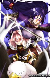 1boy 1girl absurdres anger_vein arm_guards armor astolfo_(fate) black_bow black_gloves bodysuit bow braid breasts fang fate/apocrypha fate/grand_order fate_(series) fingerless_gloves gloves hair_intakes highres hippogriff huge_breasts husbandmaru impossible_bodysuit impossible_clothes japanese_armor kote loincloth long_braid long_hair looking_at_viewer low-tied_long_hair minamoto_no_raikou_(fate) minamoto_no_raikou_(second_ascension)_(fate) multicolored_hair open_mouth parted_bangs pink_hair purple_bodysuit purple_eyes purple_hair ribbed_sleeves rope single_braid skin_fang smile streaked_hair sword tabard trap very_long_hair weapon