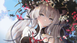 1girl artist_name bare_shoulders black_ribbon cloud collarbone grey_eyes hair_between_eyes hewaje looking_at_viewer luna:_oblivion_(pgr) luna:_oblivion_(tainted_moonrise)_(pgr) luna_(pgr) original outdoors punishing:_gray_raven ribbon signature solo twintails white_hair