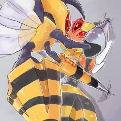 1girl against_wall alternate_form bee beedrill blush bug cicada_block_(meme) gen_1_pokemon gen_4_pokemon insect insect_wings kabedon mega_beedrill mega_pokemon meme nintendo no_humans pokemon pokemon_(creature) red_eyes supainii vespiquen wings