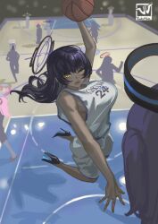 absurdres ball basketball basketball_(object) basketball_court basketball_hoop basketball_uniform blue_archive gym halo high_heels highres hina_(blue_archive) holding holding_ball jersey karin_(blue_archive) kayoko_(blue_archive) no_bra playing_sports rio_(blue_archive) silhouette sportswear yukiale yuuka_(blue_archive)