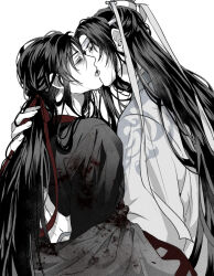 2boys bishounen black_hair black_hanfu blood blood_on_clothes chinese_clothes closed_eyes coat coat_partially_removed couple french_kiss grey_coat greyscale hair_down hair_ribbon half_updo hanfu headband hug kiss lan_wangji long_hair long_sleeves looking_at_another male_focus modao_zushi monochrome multiple_boys off_shoulder official_alternate_costume official_alternate_hairstyle ponytail profile red_ribbon ribbon ribboned_xiao_guan robe ronpu_cooing sidelocks simple_background spot_color tongue tongue_out topknot upper_body very_long_hair wei_wuxian wei_wuxian_(yiling_laozu) white_background white_hanfu white_headband wide_sleeves xiao_guan_(headdress) yaoi