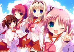 Rule 34 | 4girls, :o, ;), absurdres, black hair, black legwear, blonde hair, blue eyes, blue sky, blush, bow, bowtie, breasts, brown eyes, cherry blossoms, day, fang, green eyes, hair ornament, hair ribbon, hairband, hairclip, highres, kousaka tamaki, kusugawa sasara, large breasts, long hair, long sleeves, maaryan (to heart), multiple girls, natsuki marina, one eye closed, one side up, open mouth, outdoors, pink bow, pink hair, plant, pleated skirt, red eyes, red hair, red skirt, ribbon, sailor collar, school uniform, serafuku, shirt, short hair, skirt, sky, smile, teeth, thighhighs, to heart (series), to heart 2, tree, twintails, v, very long hair, white legwear, white shirt, yuzuhara konomi, zettai ryouiki