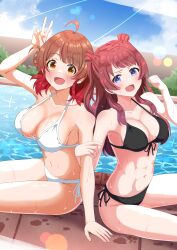 2girls abs absurdres ahoge bikini black_bikini blue_eyes breasts brown_eyes brown_hair cleavage collarbone front-tie_bikini_top front-tie_top gakuen_idolmaster hanami_saki hanami_ume haruki_(haruki678) highres idolmaster large_breasts long_hair looking_at_viewer multiple_girls navel open_mouth outdoors short_hair siblings side-tie_bikini_bottom sisters sitting smile stomach swimsuit two_side_up v water white_bikini