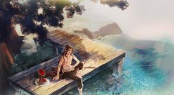 Rule 34 | 1boy, abs, absurdres, ahoge, barefoot, black hair, black pants, blush, brown eyes, brown hair, collarbone, food, fruit, hair ribbon, highres, knee up, korean commentary, leaf, long hair, looking at viewer, male focus, modao zushi, navel, niken (niken ouo), nipples, open mouth, outdoors, pants, pectorals, pier, plate, ponytail, red ribbon, ribbon, river, sidelocks, sitting, smile, soaking feet, solo, summer, sword, topless male, tree, water, water drop, watermelon, watermelon slice, weapon, wei wuxian, wet, wet face, wet hair, wooden sword