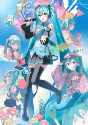 6+girls 6o2_(rokumaruni) absurdres aimaina anniversary apple aqua_eyes aqua_hair aqua_necktie balloon bare_shoulders black_gloves black_ribbon black_skirt black_sleeves black_thighhighs camera commentary daisy_(flower) detached_sleeves flower food from_behind from_side fruit gloves gohei grey_shirt grin hachune_miku hair_ornament half_gloves hat hatsune_miku hatsune_miku_(ichi_no_sakura_oka) headphones headset heart_balloon highres holding holding_food holding_fruit holding_microphone instrument jacket keyboard_(instrument) leg_up long_hair looking_back mask mask_pull melt_(vocaloid) microphone miku_miku_ni_shite_ageru_(vocaloid) military military_hat military_uniform miniskirt motion_blur mouth_mask multiple_girls multiple_persona necktie o_o photo_(object) pink_headwear pink_jacket pink_shirt pleated_skirt poppippoo_(vocaloid) rainbow red_eyes red_flower red_jacket ribbon ringed_eyes salute sand scanlines scrunchie senbon-zakura_(vocaloid) shirt shoulder_tattoo skirt sky sleeveless sleeveless_shirt slit_pupils smile song_request songover speech_bubble spring_onion standing standing_on_one_leg star_balloon suna_no_wakusei_(vocaloid) tattoo tell_your_world_(vocaloid) thighhighs triangle_mouth twintails vampire_(vocaloid) very_long_hair vocaloid white_flower wide_sleeves wind wrist_scrunchie yellow_flower yield_sign zettai_ryouiki