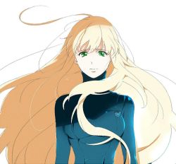 10s 1girl aldnoah.zero amy26 asseylum_vers_allusia blonde_hair bodysuit frown green_eyes long_hair simple_background upset
