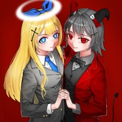 2girls absurdres aiobahn black_bow black_bowtie black_horns black_vest blonde_hair blue_bow blue_eyes blue_necktie bow bowtie bright_pupils collared_shirt cross cross_hair_ornament demon_girl demon_tail fallencoffee goat_horns grey_hair grey_jacket grey_shirt hair_bow hair_ornament halo highres holding_hands horizontal_pupils horn_bow horn_ornament horns indie_utaite interlocked_fingers inverted_cross jacket long_hair long_sleeves looking_at_viewer medium_hair multicolored_horns multiple_girls nanahira necktie open_clothes open_jacket pmaru-sama red_background red_bow red_eyes red_horns red_jacket shirt simple_background tail tententengokujigokugoku_(aiobahn) two-tone_bow two-tone_horns vest white_background white_halo white_pupils white_shirt