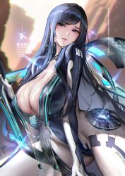 Rule 34 | 1girl, absurdres, black hair, blue eyes, blush, bodysuit, breasts, cian yo, commentary, covered navel, crossover, goddess of victory: nikke, highres, large breasts, long hair, looking at viewer, mole, mole under eye, parted lips, raven (stellar blade), smile, solo, stellar blade, weapon