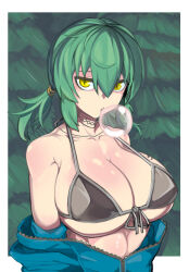 Rule 34 | 1girl, absurdres, alternate hairstyle, bare shoulders, bikini, blowing bubble gum, blue jacket, breasts, cell (fu cell), cleavage, front-tie bikini top, front-tie top, green background, green hair, grey bikini, hair between eyes, hair tie, highres, hikage (senran kagura), jacket, jacket partially removed, jewelry, large breasts, looking at viewer, necklace, partially unzipped, senran kagura, short hair, slit pupils, solo, string bikini, swimsuit, tattoo, tree, twintails, upper body, yellow eyes