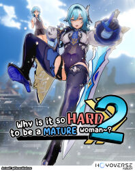 1girl 3d :d actualekusu black_shorts black_thighhighs blue_hair blue_necktie commentary english_text eula_(genshin_impact) genshin_impact high-waist_shorts high_heels highres holding holding_sword holding_weapon multiple_views necktie open_mouth shirt short_hair shorts smile sword thighhighs thighs weapon white_shirt