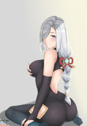 1girl amai-pai artist_name ass bare_shoulders blush bodysuit braid breasts come_hither from_behind genshin_impact grabbing_another&#039;s_breast green_eyes groping hair_ornament hair_over_one_eye highres hip_vent large_breasts long_hair looking_at_viewer looking_back naughty_face shenhe_(genshin_impact) shiny_clothes shiny_skin sideboob silver_hair single_braid sitting skin_tight smile solo very_long_hair wariza