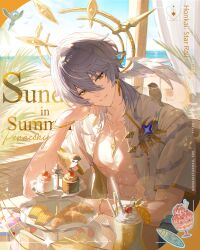 Rule 34 | 1boy, absurdres, bird, closed mouth, english text, food, gold halo, grey hair, half-closed eyes, halo, head wings, highres, honkai: star rail, honkai (series), ice cream, isobe47, looking at viewer, male focus, medium hair, muscular, muscular male, open clothes, open shirt, shirt, sitting, smile, solo, spiked halo, sundae, sunday (honkai: star rail), upper body, white shirt, wings, yellow eyes