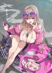 1girl bare_shoulders between_breasts bikini breasts brown_hair cleavage eyewear_on_head goddess_of_victory:_nikke heart heart-shaped_eyewear horns jacket large_breasts long_hair long_sleeves motor_vehicle motorcycle off_shoulder ohland open_mouth phone pink_eyes pink_jacket purple-tinted_eyewear smile solo sunglasses sweat swimsuit thighs tinted_eyewear tongue viper_(nikke) white_bikini