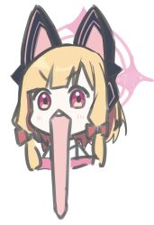 1girl anatomical_nonsense animal_ear_headphones animal_ears blonde_hair blue_archive blush bow cat_ear_headphones chestnut_mouth fake_animal_ears hair_bow halo headphones highres hood hoodie jaw_drop kirigakure_(iroiro_tsukauyo) momoi_(blue_archive) multiple_hair_bows open_mouth pink_eyes pink_halo pink_hoodie red_bow short_hair short_twintails single_tooth sketch teeth twintails upper_teeth_only v-shaped_eyebrows