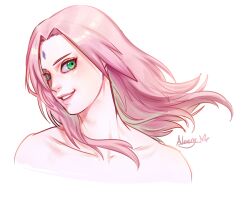 1girl bare_shoulders collarbone eyelashes facial_mark forehead_mark green_eyes hair_intakes haruno_sakura long_hair naruto_(series) naruto_shippuuden pink_hair portrait qjqjqjql signature simple_background solo white_background