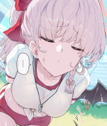 Rule 34 | 1girl, absurdres, blue archive, blush, bow, braid, buruma, closed eyes, closed mouth, demon girl, demon tail, demon wings, hair bow, haruna (blue archive), haruna (track) (blue archive), highres, long hair, looking at viewer, official alternate costume, official alternate hairstyle, ponytail, red bow, red buruma, shirt, short sleeves, single braid, single wing, solo, sunnysideup, sweatdrop, t-shirt, tail, tied shirt, waiting for kiss, white hair, white shirt, wings