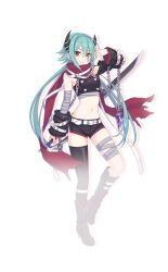 1girl anna_(princess_connect!) bandaged_leg bandages bare_shoulders belt belt_buckle black_horns black_shorts black_sleeves black_thighhighs bow_(weapon) breasts buckle chain closed_mouth crop_top detached_sleeves drop_shadow facial_mark full_body green_eyes hair_between_eyes hand_up heterochromia high_heels holding holding_bow_(weapon) holding_weapon horns long_hair looking_at_viewer navel official_art princess_connect! red_eyes red_scarf scarf short_shorts shorts sidelocks simple_background single_thighhigh sleeve_belt smile solo standing stomach tachi-e thighhighs torn_clothes torn_scarf transparent_background twintails v-shaped_eyebrows very_long_hair weapon white_belt