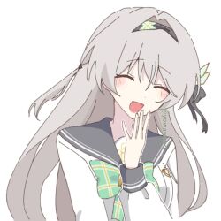 Rule 34 | 1girl, black hair, black hairband, blush, blush stickers, bow, bowtie, collared shirt, firefly (honkai: star rail), firefly (spring missive) (honkai: star rail), green bow, green bowtie, grey hair, grey sailor collar, hair between eyes, hair intakes, hair ornament, hair ribbon, hair tubes, hairband, hand on own chin, highres, honkai: star rail, honkai (series), long hair, open mouth, plaid bow, plaid bowtie, plaid clothes, ribbon, sailor collar, shirt, simple background, smile, solo, twitter username, white background, white shirt, yowawako