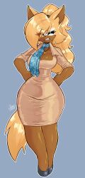 1girl absurdres blonde_hair breasts cleavage closed_eyes curvy earrings fangs female_focus full_body furry furry_female hands_on_own_hips highres jamoart jewelry large_breasts necklace ponytail scarf secretary simple_background solo sonic_(series) tail whisper_the_wolf wide_hips wolf_girl