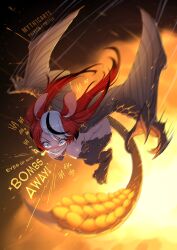 1girl absurdres animal_ears bazelgeuse bilingual_commentary black_hair blue_eyes breasts breath_weapon breathing_fire claws commentary dragon english_commentary fire glowing hakos_baelz highres hololive hololive_english long_hair mixed-language_commentary monster monster_hunter:_world monster_hunter_(series) monsterification mouse_ears mouse_girl multicolored_hair myth1carts open_mouth paid_reward_available red_hair scales smile solo streaked_hair tail teeth twintails virtual_youtuber white_hair wings wyvern