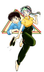 Rule 34 | 01angelegg, 1boy, 1girl, :d, barefoot, black hair, blue eyes, blue shirt, braid, brown eyes, cosplay, creator connection, floating hair, green hair, green pants, highres, long hair, low ponytail, lum, multicolored hair, open mouth, pants, ponytail, ranma 1/2, saotome ranma, saotome ranma (cosplay), shirt, short sleeves, single braid, smile, two-tone hair, urusei yatsura, yellow shirt