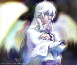 Rule 34 | 1990s (style), 1boy, artist request, blue eyes, cardcaptor sakura, male focus, retro artstyle, solo, white hair, wings, yue (cardcaptor sakura)