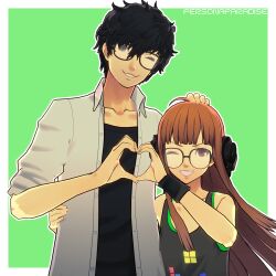 Rule 34 | 1boy, 1girl, absurdres, amamiya ren, artist name, black hair, commentary, commission, english commentary, glasses, green background, headpat, heart, heart hands, heart hands duo, highres, long hair, one eye closed, orange hair, persona, persona 5, personaparadise, sakura futaba, shirt, short hair, simple background, smile, white shirt