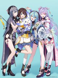 Rule 34 | + +, 1other, 4girls, :d, ;3, ;d, ahoge, aqua background, aqua hair, arm up, arm warmers, ayakaki (nijisanji), bell, beret, black boots, black bow, black bra, black dress, black gloves, black hat, black pantyhose, black sandals, black shoes, black shorts, blue eyes, blue hair, blue sash, blush, boots, bow, bra, bra over clothes, braid, braided sidelocks, brown hair, butterfly hat ornament, cape, china dress, chinese clothes, cleavage cutout, closed mouth, clothing cutout, colored bangs, commentary request, company name, copyright notice, crossed bangs, detached collar, detached sleeves, double bun, dress, earrings, eyelashes, fingernails, floral print, flower, flower earrings, frilled dress, frilled sleeves, frills, gloves, gold earrings, gold trim, gradient hair, green eyes, grey cape, grey hair, hair between eyes, hair bow, hair bun, hair flower, hair intakes, hair ornament, hair ribbon, hair stick, half gloves, hand on another&#039;s shoulder, hands on another&#039;s shoulder, hat, hat ornament, high heel boots, high heels, hip vent, holding, jewelry, jingle bell, kisara (1st costume) (nijisanji), kisara (nijisanji), kozue mone, kozue mone (1st costume), layered dress, leg up, long hair, looking at viewer, low-tied long hair, lunlun (nijisanji), mandarin collar, mole, mole under mouth, moya (toatomoot), multicolored dress, multicolored eyes, multicolored hair, multiple girls, nail polish, neck bell, nijisanji, official art, one eye closed, open mouth, panchang knot, pantyhose, parted bangs, pelvic curtain, pink dress, pink eyes, pink flower, pink hair, pink nails, purple arm warmers, purple eyes, purple hair, ribbon, ribbon braid, sandals, sash, shadow, shiga riko, shiga riko (1st costume), shoes, short hair, short shorts, shorts, shoulder cutout, shrug (clothing), sidelocks, simple background, single earring, single leg pantyhose, sleeves past fingers, sleeves past wrists, smile, standing, standing on one leg, streaked hair, tamanoi nana, tamanoi nana (1st costume), tassel, tassel earrings, tassel hair ornament, teeth, thighhighs, toenail polish, toenails, two side up, underwear, upper teeth only, very long hair, very long sleeves, virtual youtuber, white dress, white sleeves, white thighhighs, wide sleeves, yellow dress, yellow eyes, zhuang hat