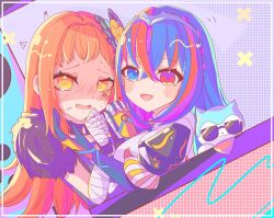 Rule 34 | 1other, 2girls, bandana, bandana around neck, blue fur, blue hair, braid, crossed bangs, crown braid, dimple facial mark, facial mark, female alear (fire emblem), fire emblem, fire emblem engage, heterochromia, highres, looking at viewer, multicolored hair, multiple girls, nintendo, open mouth, orange hair, panette (fire emblem), red hair, sommie (fire emblem), split-color hair, stitched mouth, stitches, sunglasses, tiara, two-tone fur, two-tone hair, u fe, white fur