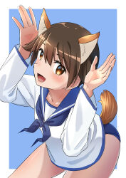 1girl absurdres animal_ears blue_background blue_one-piece_swimsuit blue_sailor_collar brown_eyes brown_hair dog_ears dog_girl dog_tail hasegawa_(hase_popopo) highres looking_at_viewer miyafuji_yoshika one-piece_swimsuit open_mouth sailor_collar school_swimsuit short_hair simple_background solo standing striped_clothes swimsuit swimsuit_under_clothes tail world_witches_series