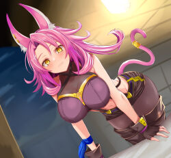 Rule 34 | 1girl, animal ear fluff, animal ears, bird-perch, black gloves, black skirt, blue ribbon, blush, breasts, cat ears, cat girl, cat tail, cleavage, closed mouth, collarbone, crop top, duel monster, fingerless gloves, gloves, highres, large breasts, leaning forward, looking at viewer, navel, pink hair, ribbon, shirt, skirt, sleeveless, sleeveless shirt, smile, solo, stomach, tail, tri-brigade ferrijit the barren blossom, yellow eyes, yu-gi-oh!