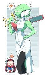 1boy 1girl absurdres anger_vein black_thighhighs blush bob_cut breasts brendan_(pokemon) dated dress gardevoir gen_3_pokemon green_hair hair_over_one_eye hand_on_own_hip hat highres nintendo omura_zojiki pokemon pokemon_(creature) pokemon_rse school_uniform serafuku signature teardrop thighhighs white_dress white_hat