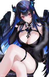 1girl 707arisu alternate_costume asymmetrical_horns black_dress black_feathers black_gloves black_hair black_wings blue_hair bow bowtie breasts chest_harness cleavage colored_inner_hair commentary crossed_bangs crossed_legs detached_collar dress eyelashes feather_boa feathered_wings feathers flower glint gloves hair_between_eyes harness head_rest highres hololive hololive_english horn_flower horns invisible_chair jewelry large_breasts light_blush lips long_hair long_sleeves looking_at_viewer mole mole_under_eye multicolored_hair nerissa_ravencroft off_shoulder red_eyes shirt signature simple_background sitting solo thighs tight_clothes tight_shirt uneven_horns virtual_youtuber white_background wings