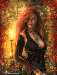 1girl 3d arms_at_sides artist_name black_legwear breasts candle cleavage corset cowboy_shot cross-laced_clothes cynthia_radthorne detached_sleeves door female_focus flower jewelry long_hair long_sleeves looking_at_viewer necklace orange_hair original pendant realistic solo standing wall wavy_hair