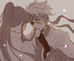 2boys andythelemon blush cross crying d.gray-man ear_blush earrings eyebrows eyelashes eyepatch happy headband jewelry kanda_yuu kissing_hair lavi long_hair multiple_boys one_eye_covered piercing ponytail smile tears yaoi