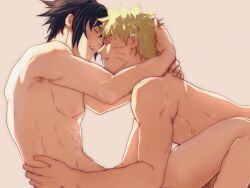 2boys abs arms_around_neck black_hair blonde_hair commentary completely_nude couple facial_mark feet_out_of_frame hand_on_another&#039;s_head hashtag-only_commentary highres male_focus mi73suki multiple_boys naruto_(series) naruto_shippuuden nude open_mouth parted_lips pectorals short_hair sidepec simple_background smile spiked_hair teeth uchiha_sasuke upper_teeth_only uzumaki_naruto whisker_markings yaoi