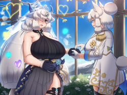 alpaca_ears alpaca_girl alpaca_suri_(kemono_friends) alpaca_tail alternate_costume animal_ears ascot asymmetrical_dress bare_shoulders black_choker black_dress black_gloves black_shoes black_thighhighs blue_eyes blue_shirt blush breasts bridal_veil choker cowboy_shot crown dress epaulettes extra_ears frilled_dress frills gameplay_mechanics gloves gold_jacket hair_bun hair_over_one_eye hair_tubes half_gloves high_heels highres huge_breasts jacket jewelry kemono_friends kemono_friends_3 large_breasts long_hair long_sleeves looking_at_viewer mo23 multicolored_jacket multiple_girls neck_ruff official_alternate_costume orange_eyes ox_ears ox_girl ox_horns ox_tail palace pleated_skirt ring shirt shoes short_hair sidelocks single_hair_bun skirt sleeveless smile suit_jacket tail thick_thighs thigh_strap thighhighs thighs tiara twintails two-tone_jacket two-tone_shirt veil white_ascot white_gloves white_hair white_jacket white_shirt white_skirt yak_(kemono_friends) zettai_ryouiki