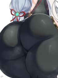 1girl ass ass_focus back blue_hair bodysuit from_behind genshin_impact huge_ass leaning_forward lower_body sana!rpg shenhe_(genshin_impact) solo thick_thighs thighs wide_hips