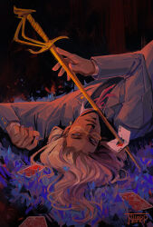 1boy 2022 abstract_background absurdres ace_(playing_card) ace_attorney apollo_justice:_ace_attorney blonde_hair blue_jacket card collared_shirt dark-skinned_male dark_skin dress_shirt hair_spread_out halftone highres jacket kristoph_gavin long_hair male_focus multicolored_hair nail_polish neck_ribbon painterly playing_card ribbon roots_(hair) semi-rimless_eyewear shirt sinlizards solo suit_jacket sword upside-down watermark weapon